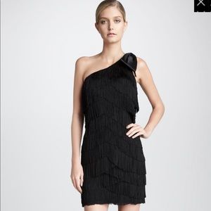 🍾 Aidan Mattox One Shoulder Bow Black Fringe